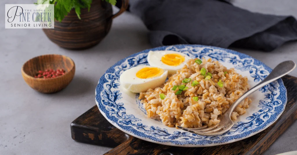 Coarse oat porridge with eggs and onions. Memory care services: meal planning.